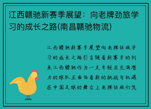 江西赣驰新赛季展望:向老牌劲旅学习的成长之路(南昌赣驰物流)