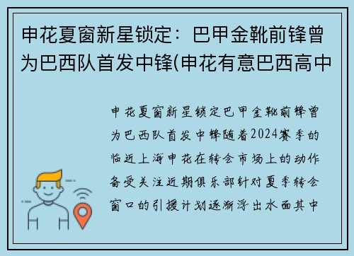 申花夏窗新星锁定：巴甲金靴前锋曾为巴西队首发中锋(申花有意巴西高中锋)