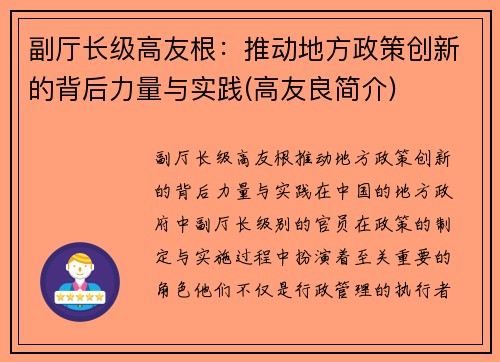 副厅长级高友根：推动地方政策创新的背后力量与实践(高友良简介)