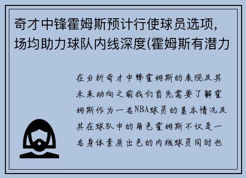奇才中锋霍姆斯预计行使球员选项,场均助力球队内线深度(霍姆斯有潜力么)