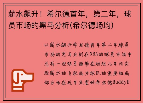 薪水飙升!希尔德首年,第二年,球员市场的黑马分析(希尔德场均)