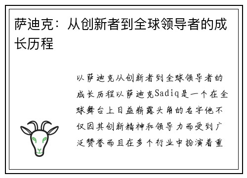 萨迪克：从创新者到全球领导者的成长历程