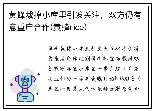 黄蜂裁掉小库里引发关注，双方仍有意重启合作(黄蜂rice)